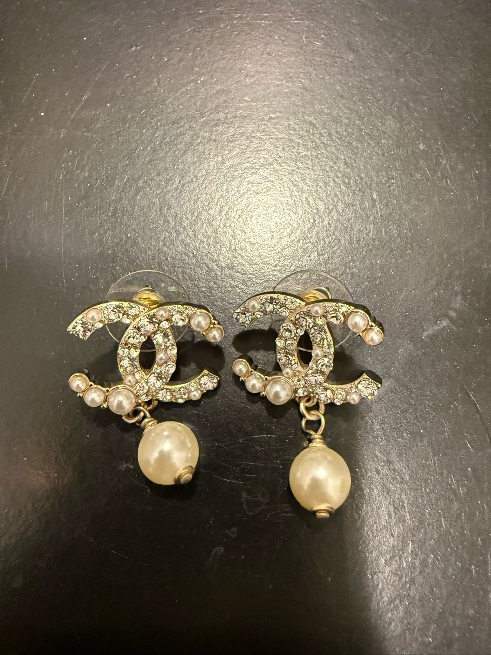 CHANEL Silver-Tone Crystal CC Logo Earrings with Pearl Drops